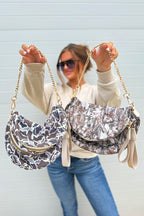 Four Leaf Clover Camouflage Print Gold Chain Strap Double Zipper Crossbody Bag