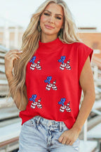 Racing Red Sequin American Flag Balloon Dog High Neck Short Sleeve Top