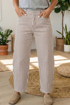 Khaki Stripe Casual Barrel Jeans
