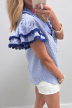 Pink Eyelet Embroidered Flower Texture Contrast Lace Trim Flutter Sleeve Blouse