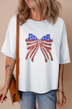 White Patriotic Sequin Bow Graphic Oversized Tee