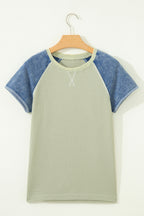Carbon Grey Waffle Knit Seam Detail Color Block Patchwork Short Sleeve Top