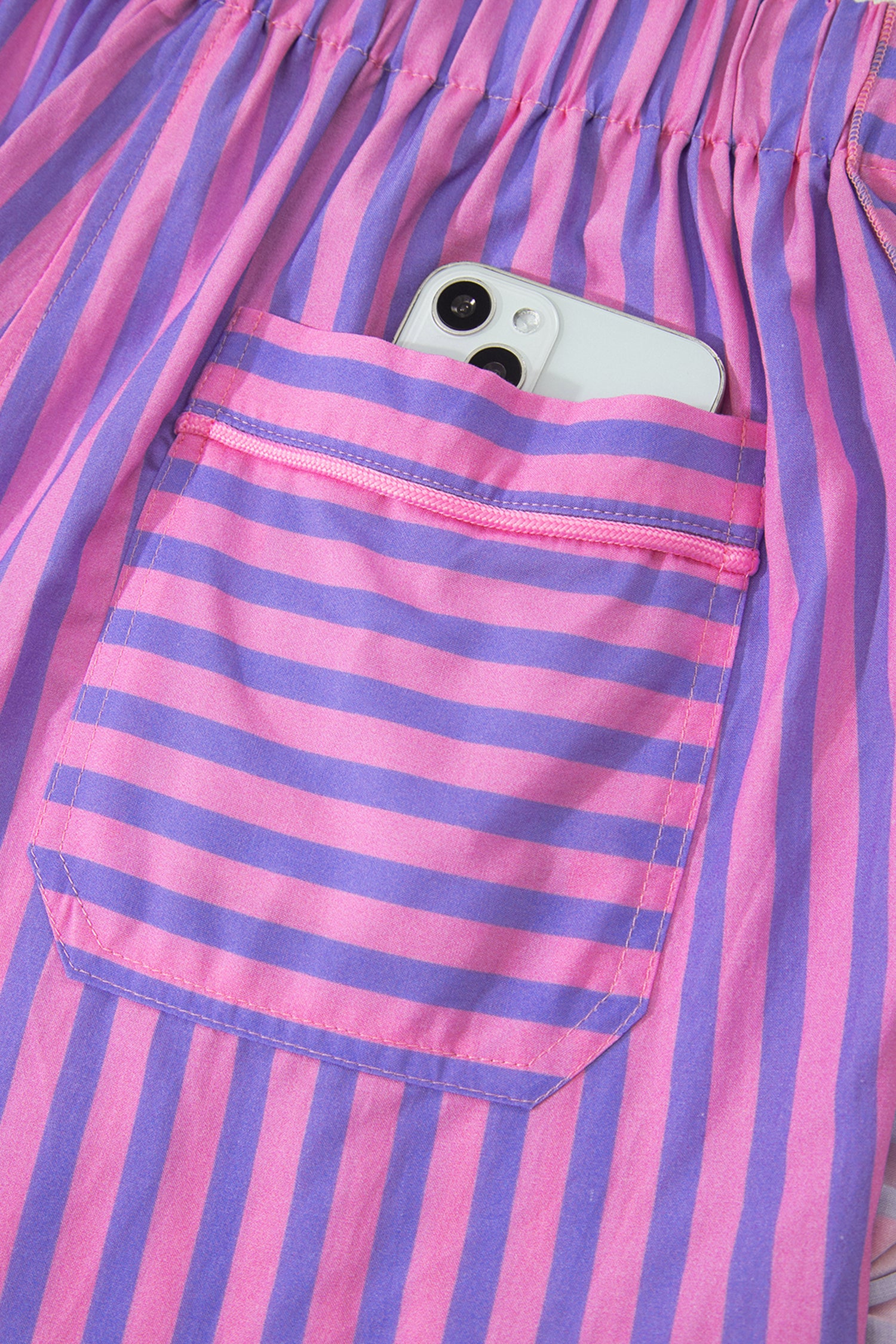 Sky Blue Stripe Elastic Waist Ruffle Trim Casual Shorts