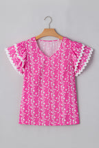 Pink Floral Print Ric-rac Tiered Ruffled V Neck Blouse