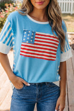 Light Blue Flag Print Patchwork Colorblock July 4th T Shirt