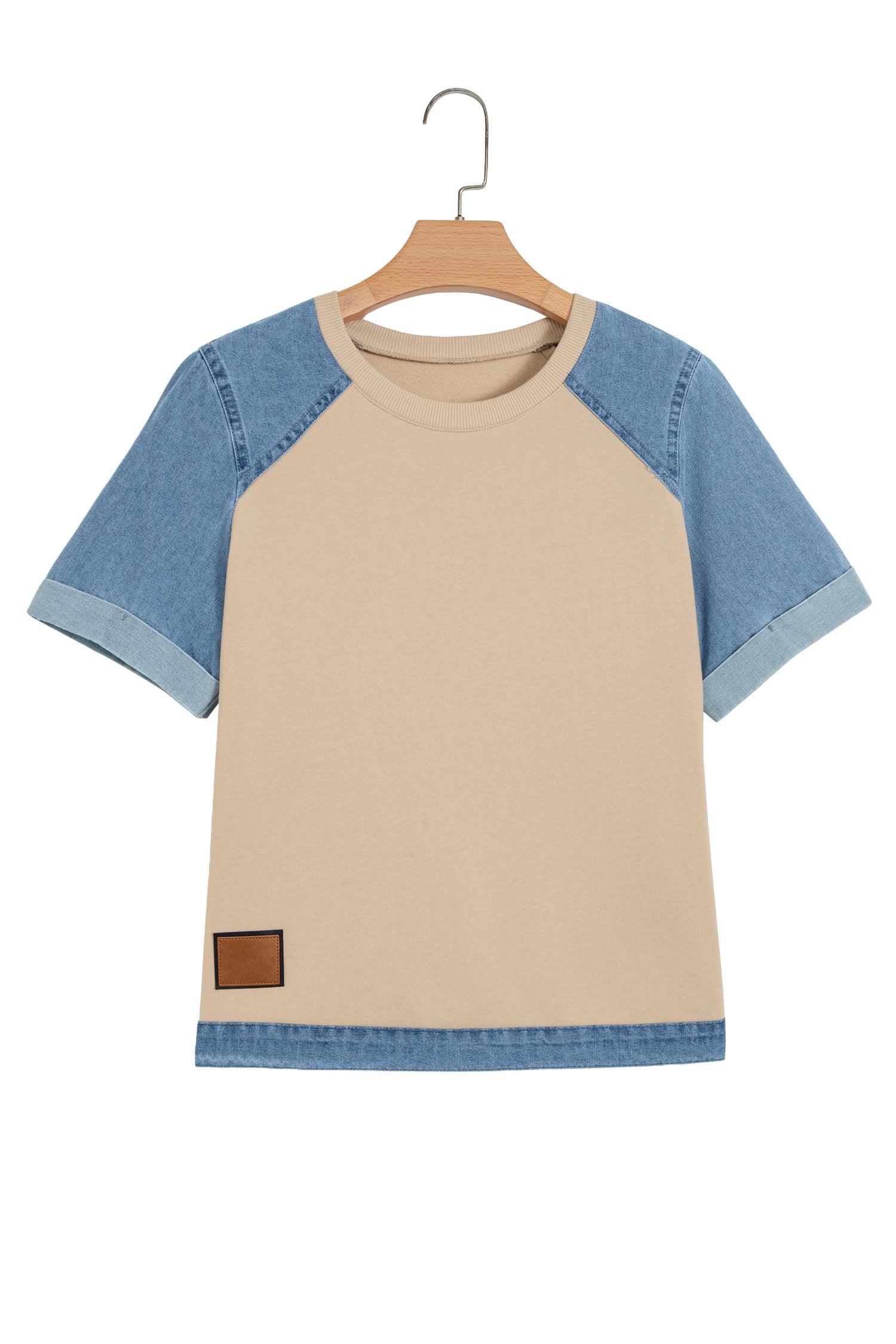 Beige Denim Color Block Patchwork Round Neck Tee