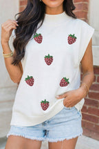 White Sequin Strawberry Graphic Mock Neck Short Sleeve Top