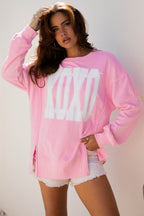 Black Bow Sequin XOXO Letter Graphic Exposed Seam Baggy Sweatshirt