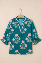 Green Casual Wild Flower Print V Neck 3/4 Sleeve Blouse