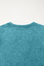 Turquoise Mineral Wash Western Embroidered Detail Short Puff Sleeve Cotton Tee