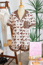 White Chic Bow Cherry Printed Leopard Contrast Patchwork Shirt Drawstring Shorts 2pcs PJ Set