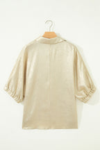 Myosotis Collared V Neck Half Sleeve Metallic Top
