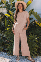 Bright Green Solid Corded Knit Short Sleeve T Shirt and Wide Leg Pants Set
