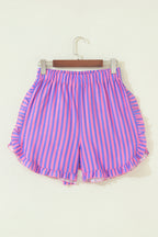 Sky Blue Stripe Elastic Waist Ruffle Trim Casual Shorts