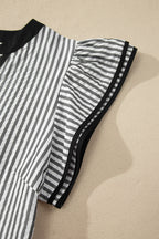 Black Stripe Contrast Trim V Neck Flutter Sleeve Casual Long Dress