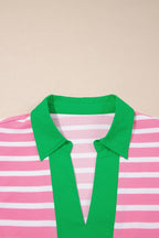 Black Stripe Short Puff Sleeve Color Block Polo Collar Blouse