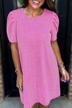 Parchment Corded Knit Crew Neck Puff Sleeve Shift Mini Dress