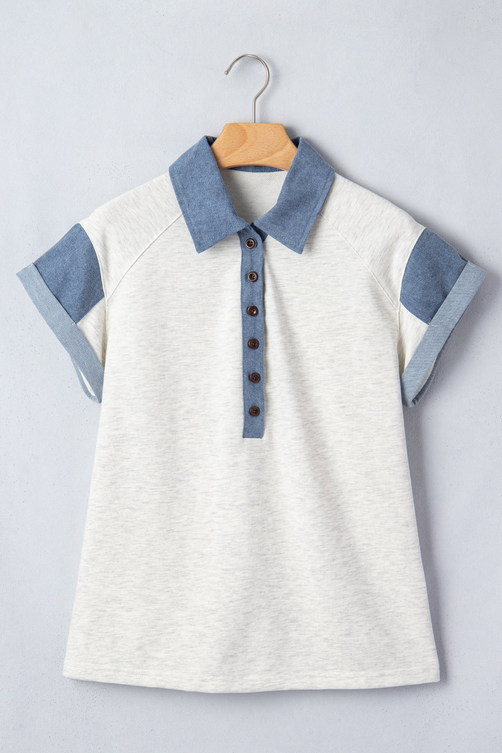 Carbon Grey Denim Color Block Patchwork Shirt Collar Short Sleeve Blouse