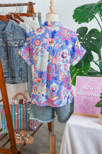 Purple Vacation Floral Print V Neck Short Sleeve Blouse