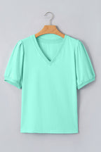 Bonbon Solid Color V Neck Short Puff Sleeve Blouse