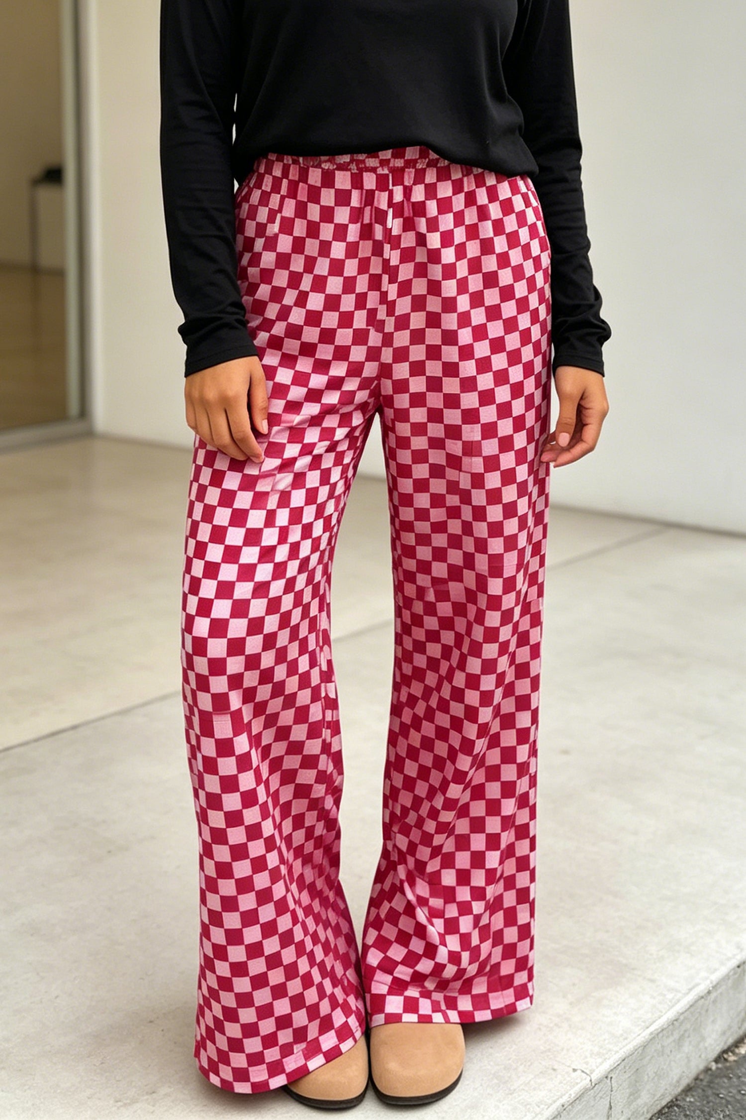 Rose Elastic Waist Plaid Full-length Shift Pants