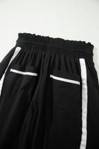 Black Contrast Striped Smocked Waist Drawstring Cropped Casual Pants