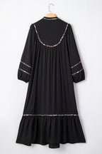Black Contrast Leopard Trim Split Neck Long Sleeve Casual Midi Dress