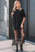 Black Floral Patchwork Short Sleeve T Shirt Loose Maxi Dress