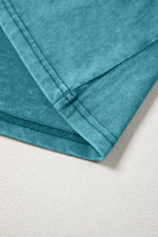 Turquoise Mineral Wash Western Embroidered Detail Short Puff Sleeve Cotton Tee
