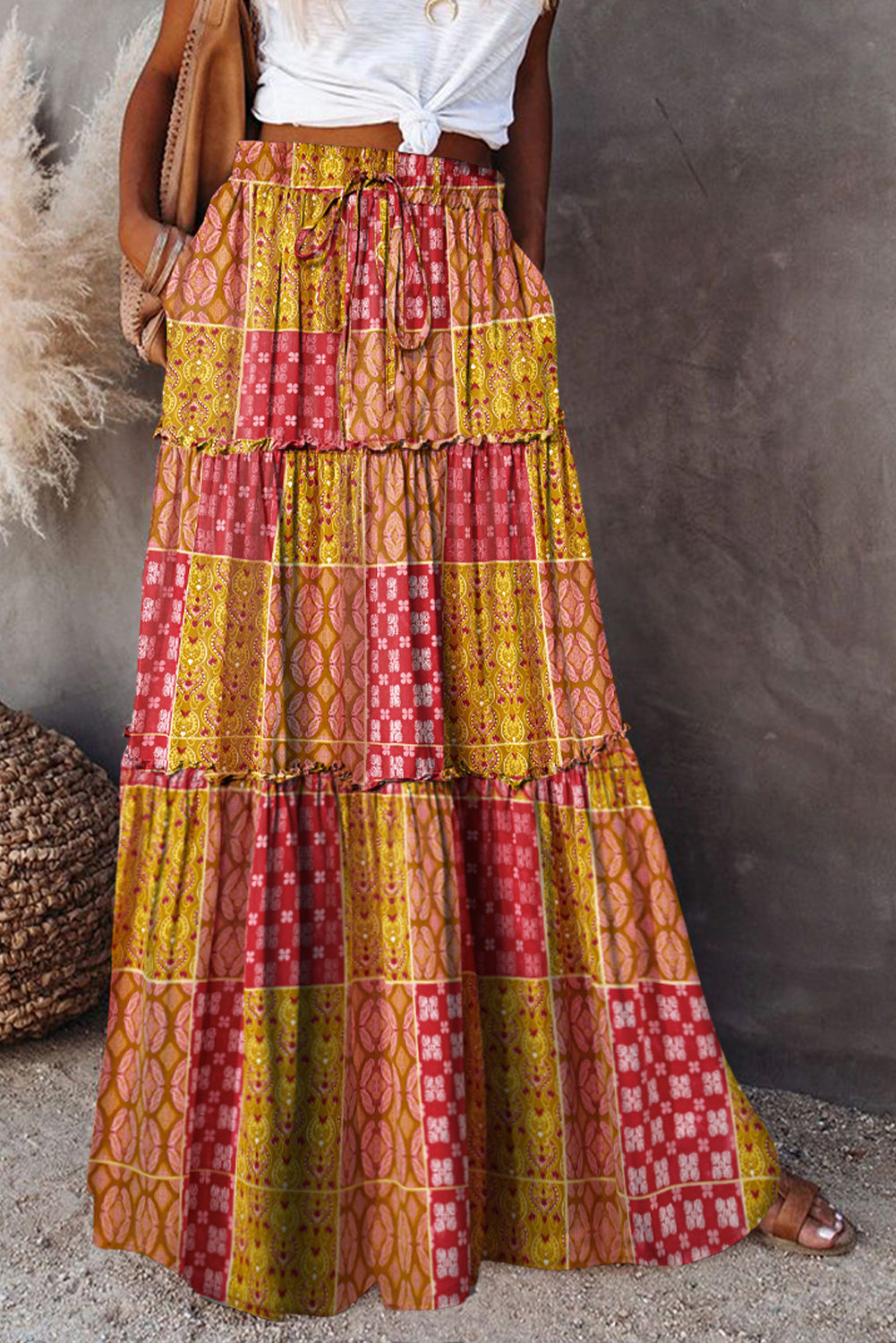 Purple Tiered Paisley Print Pocketed Maxi Skirt