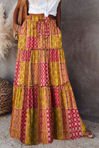 Purple Tiered Paisley Print Pocketed Maxi Skirt