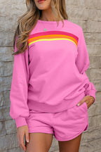 Bonbon Striped Accent Pullover and Shorts Two Piece Casual Set