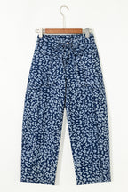 Khaki Leopard Printed Drawstring Elastic Waistband Pocketed Barrel Jeans