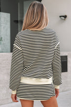 Brown Stripe Textured Drop Shoulder Pullover Top Drawstring Mini Skort Two Piece Dress Set