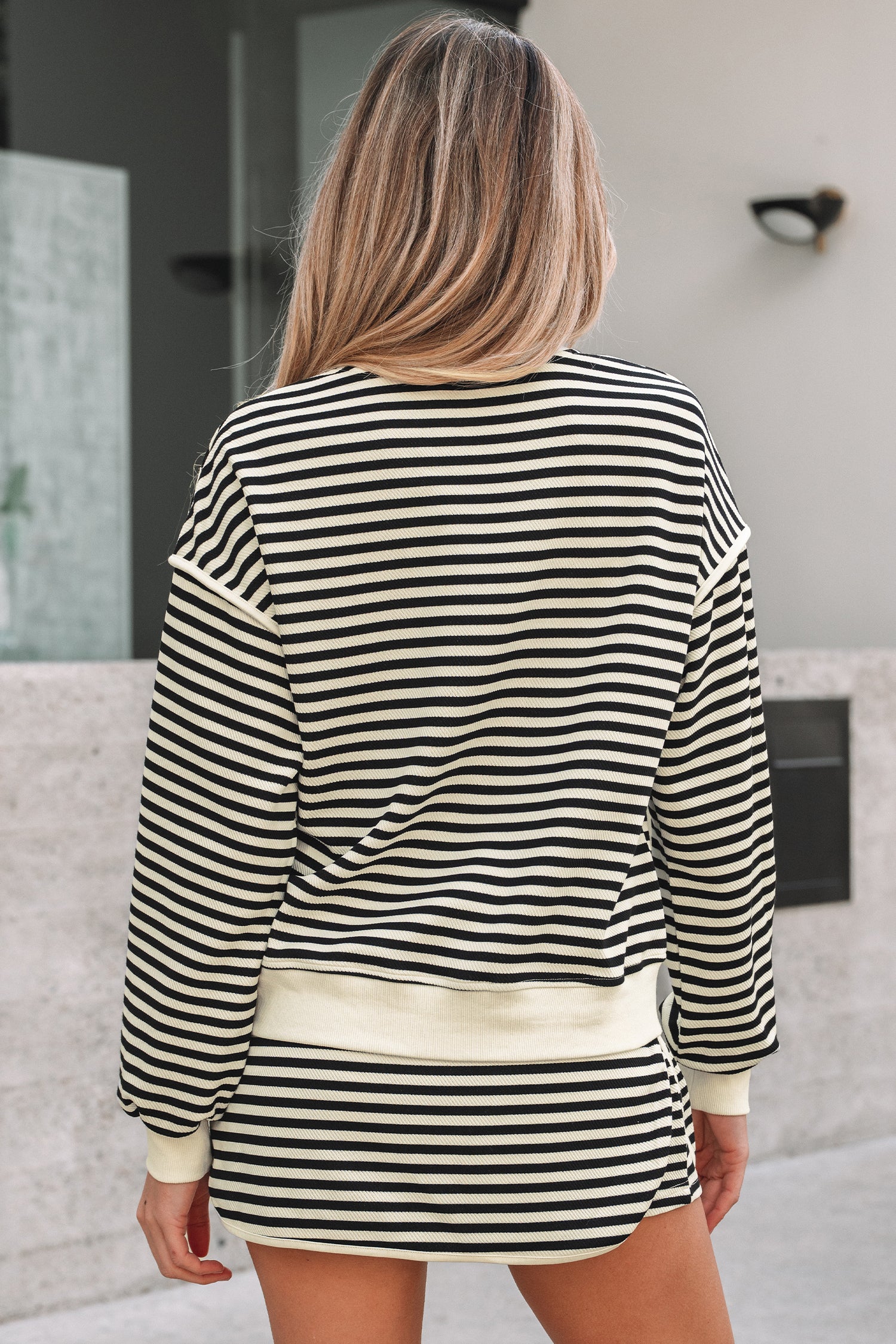 Brown Stripe Textured Drop Shoulder Pullover Top Drawstring Mini Skort Two Piece Dress Set