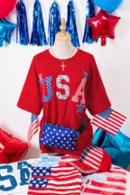 Fiery Red Patriotic USA Slogan Patch Embroidery Short Sleeve T Shirt