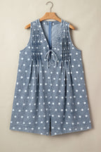 Sky Blue Polka Dot Print Tie V Neck Pleated Loose Denim Romper