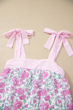 Sky Blue Floral Print Striped Patchwork Bow Knot Straps Mini Dress