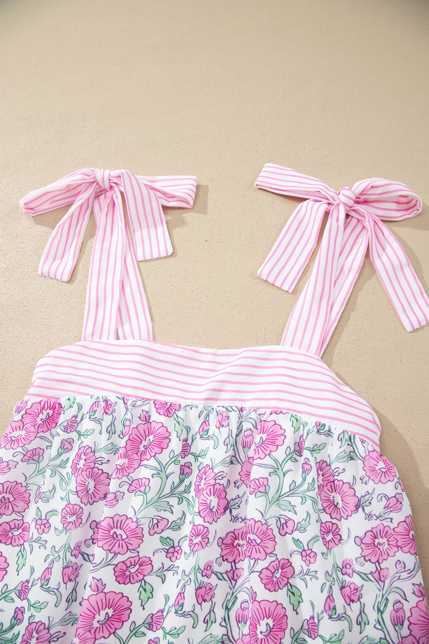 Sky Blue Floral Print Striped Patchwork Bow Knot Straps Mini Dress
