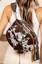 Coffee Cow Spots Printed Double Zip Crossbody Bag