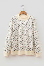 Beige Ribbed High Neck Patchwork Floral Print Baggy Pullover Sweatshirt