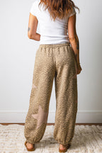 Khaki Leopard Print Star Patched Drawstring Elastic Waist Jogger Pants