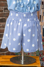 Sky Blue Polka Dot Print Shirred High Waist Casual Shorts