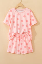 Black Polka Dot Print Loose Tee Drawstring Elastic Waist Short Set