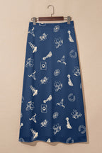 White Western Print Satin Long Skirt