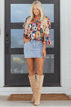 Black Floral 3/4 Flare Sleeve Tied V Neck Blouse