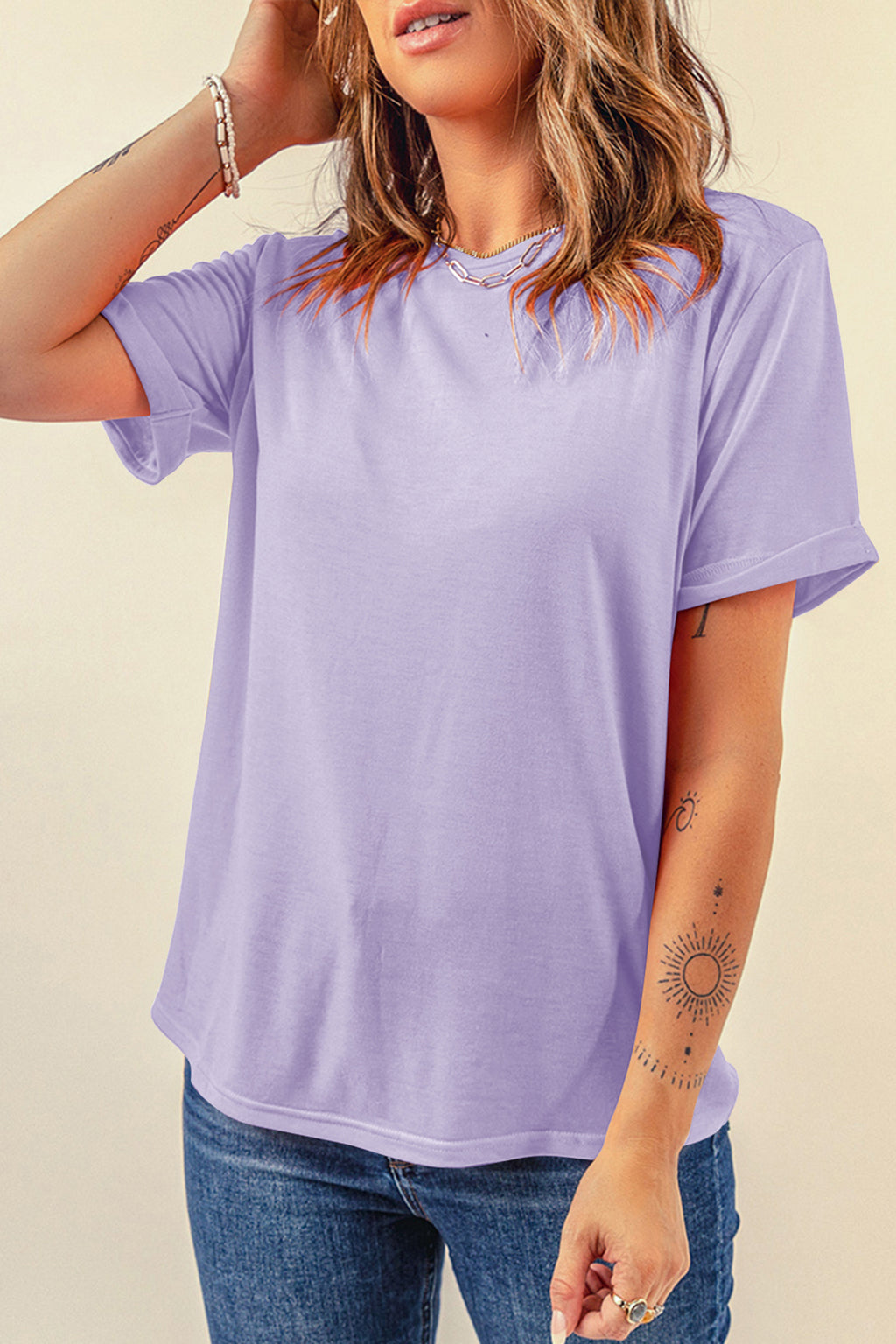 Orange Casual Plain Crew Neck Tee