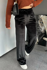 Black Shiny Velvet Drawstring High Waist Straight Leg Casual Pants