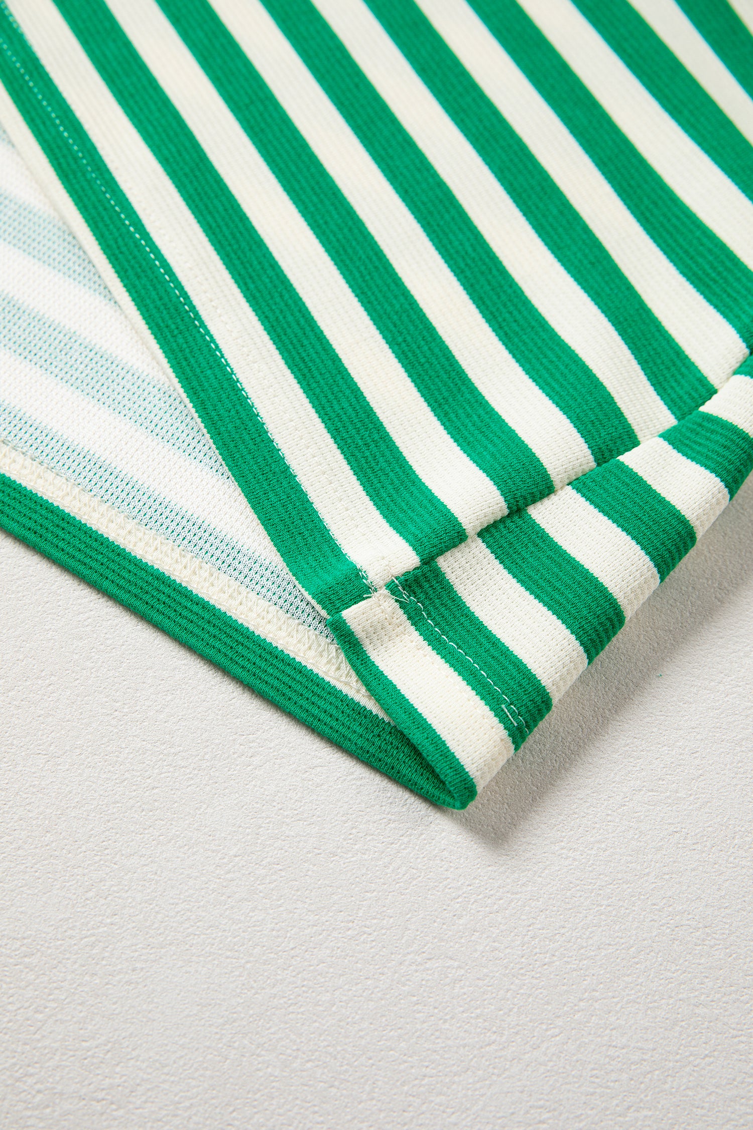 Blue Stripe Contrast Trim Polo Collar Ruffled Short Sleeve Blouse