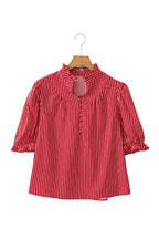 Red Stripe Ruffled Short Puff Sleeve Button Front Blouse